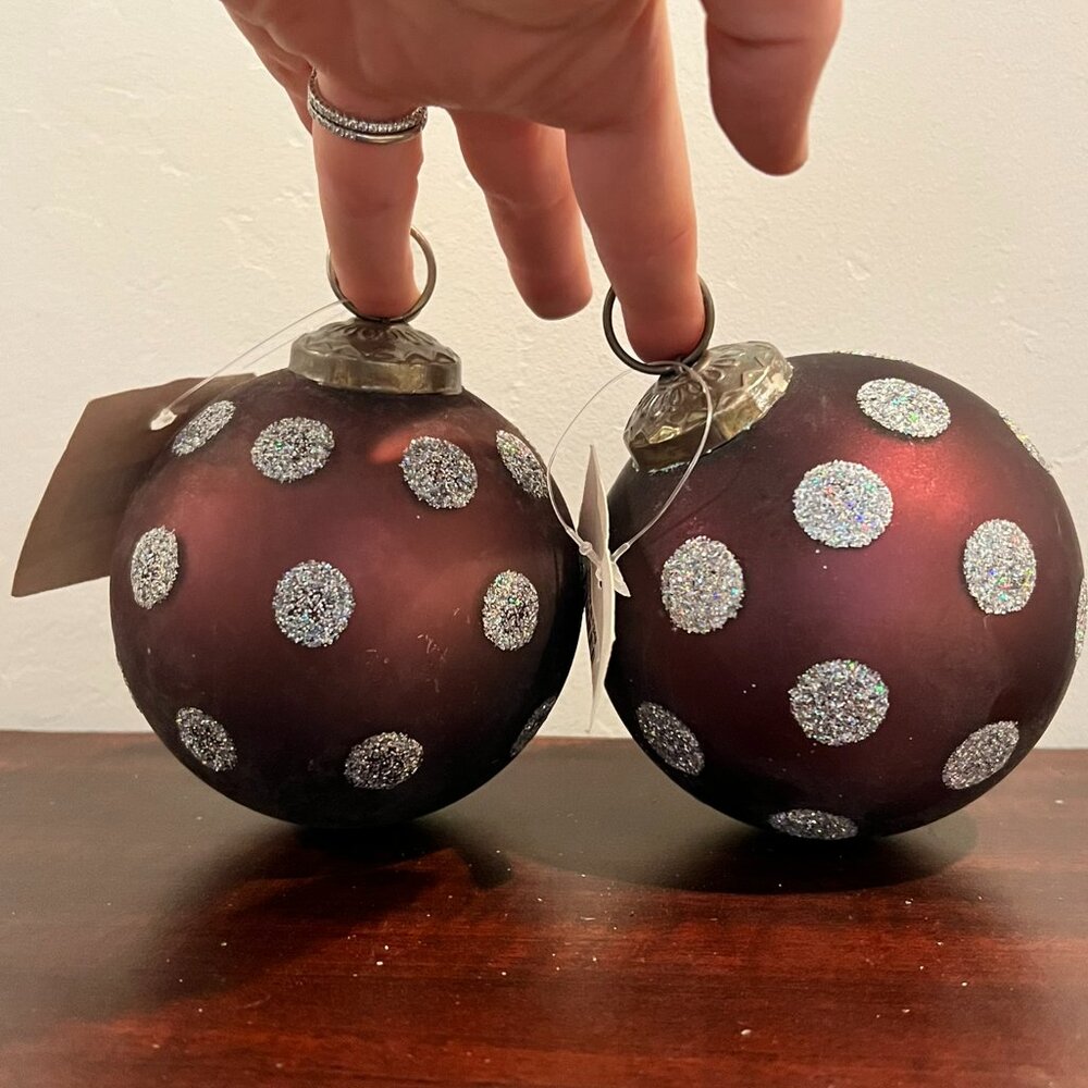 2 Vintage Purple and Silver Glitter Large Ornaments - Never Used
